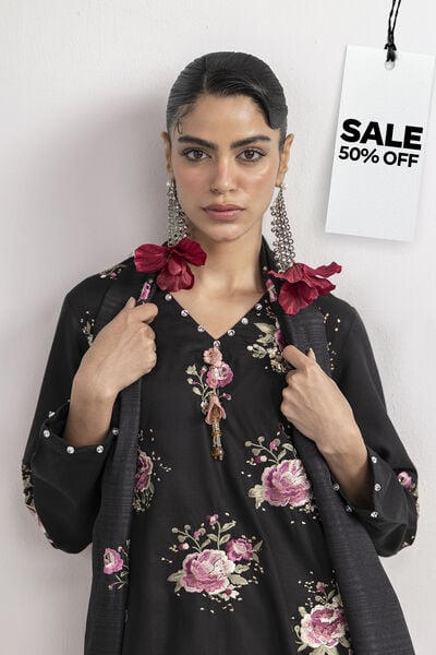 Embroidered | Raw Silk | Black Floral Kurta | USD 27.50