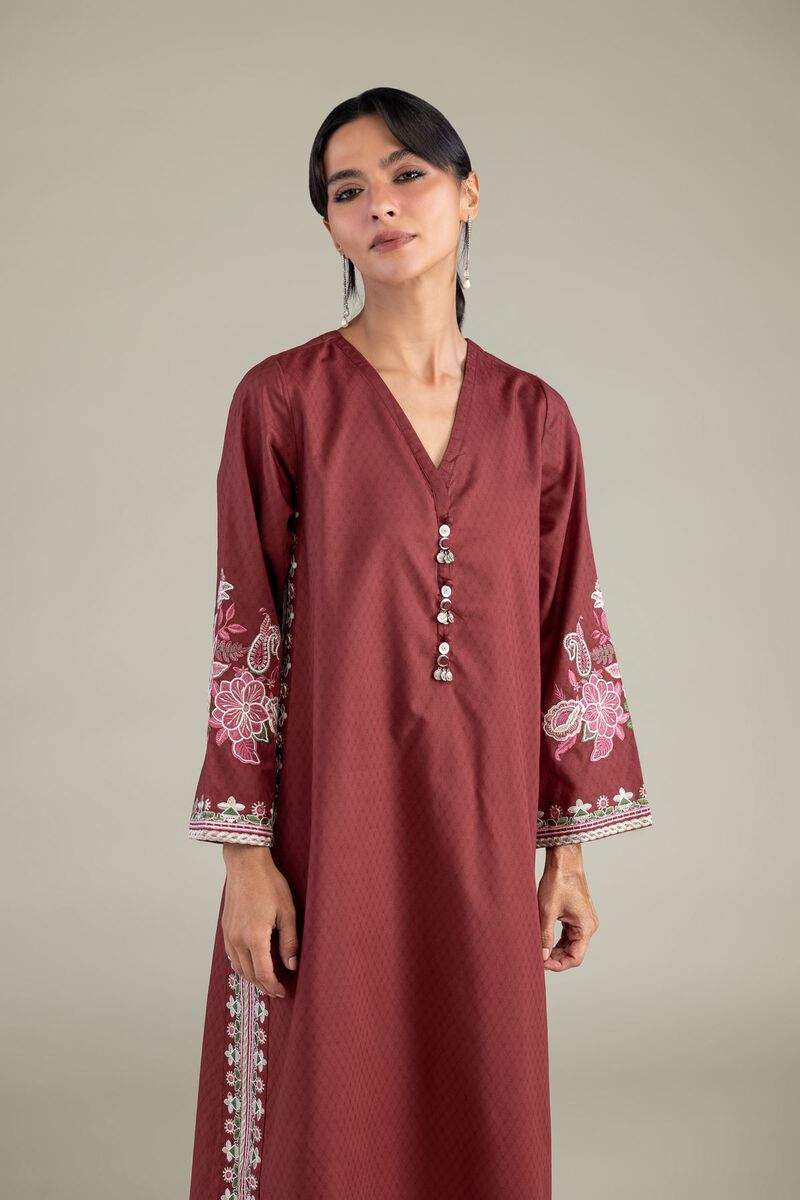 Embroidered | Cotton Dobby | Maroon V-Neck Kurta | USD 45.00