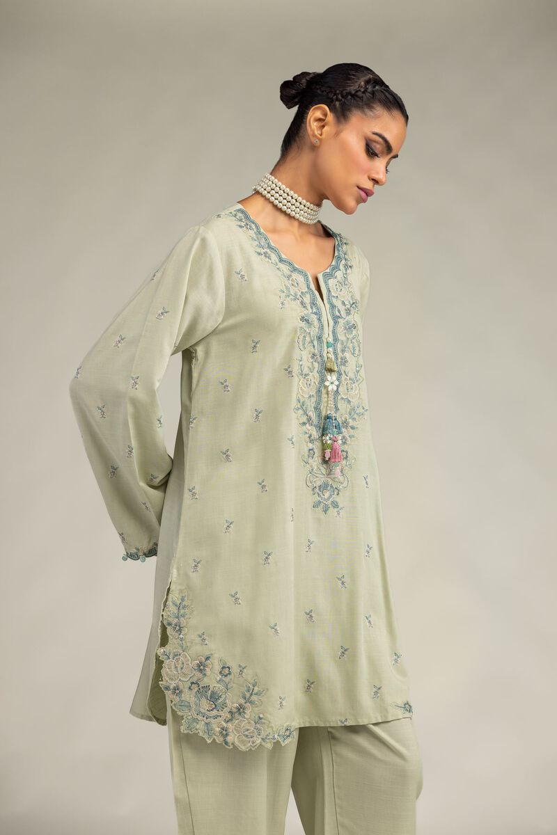 Embroidered | Raw Silk | Floral Mint Kurta | USD 60.00