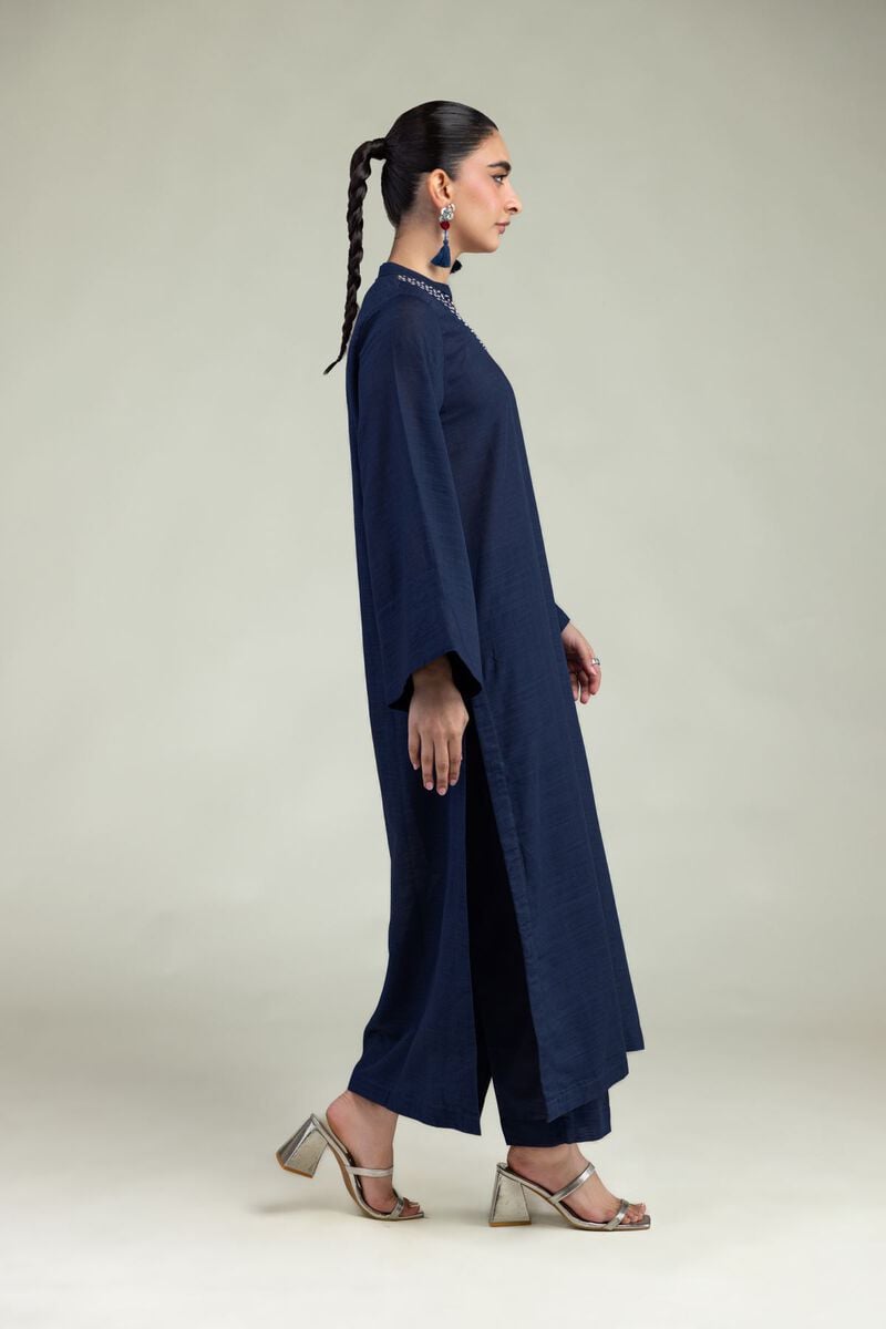 Dyed | Textured Cotton | Navy Round-Neck Kurta | USD 35.00