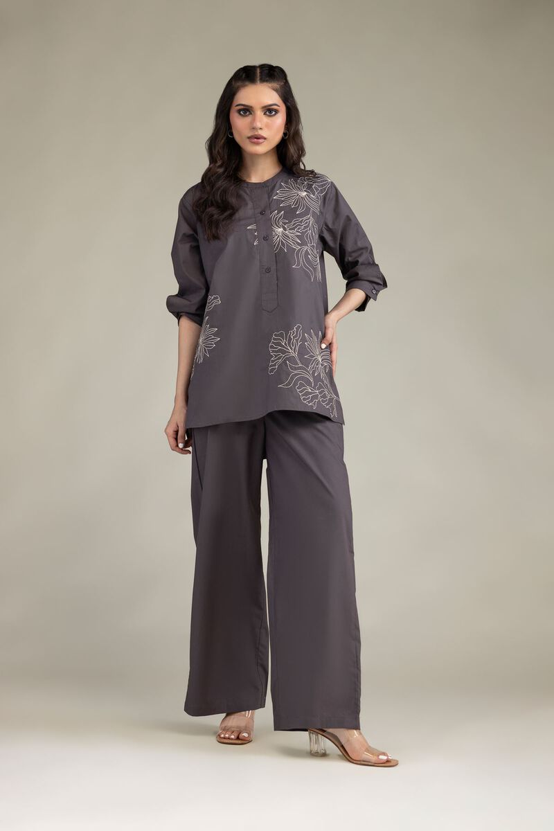 Embroidered | Poplin | Gray Poplin Trousers | USD 30.00