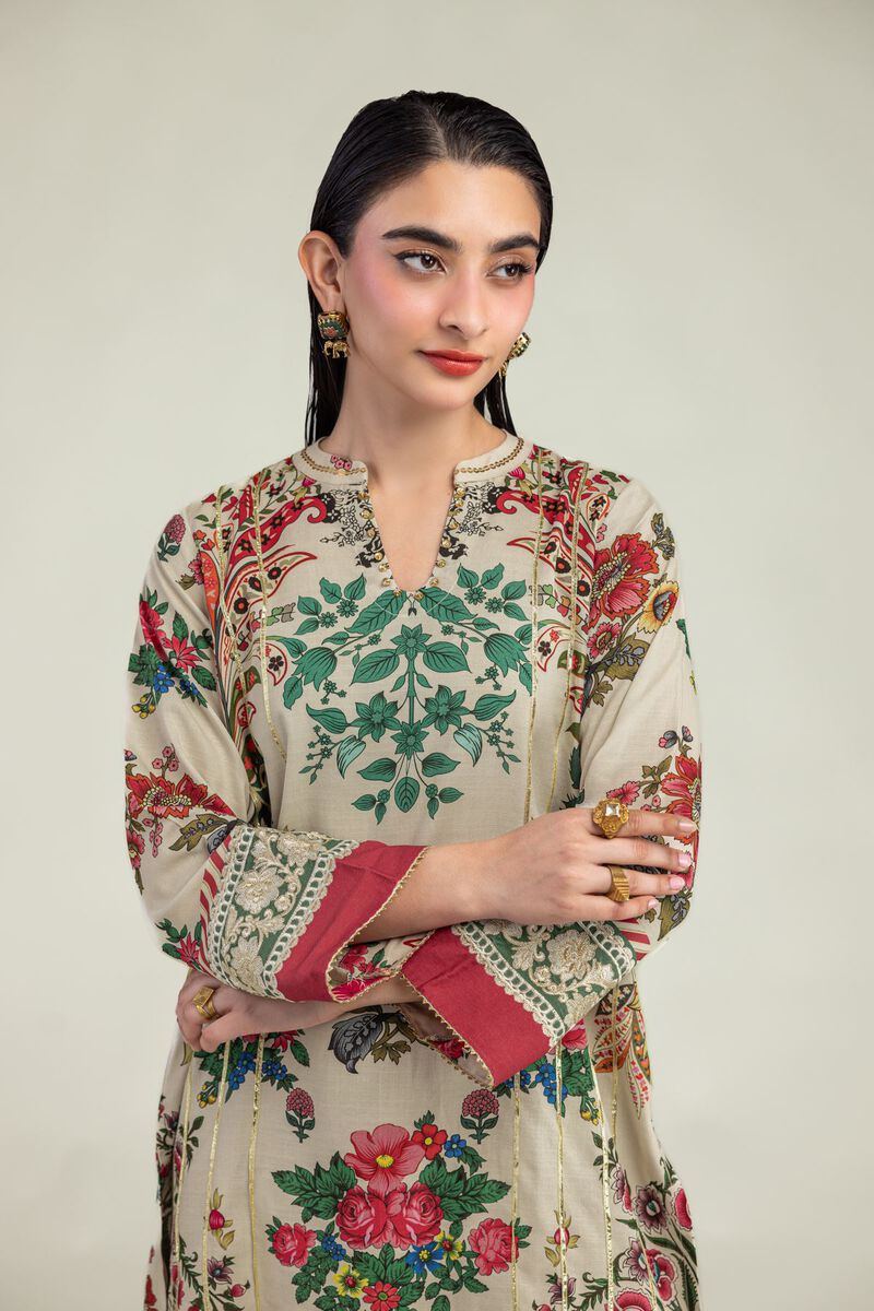 Embroidered | Raw Silk | Floral Beige Kurta  | USD 40.00