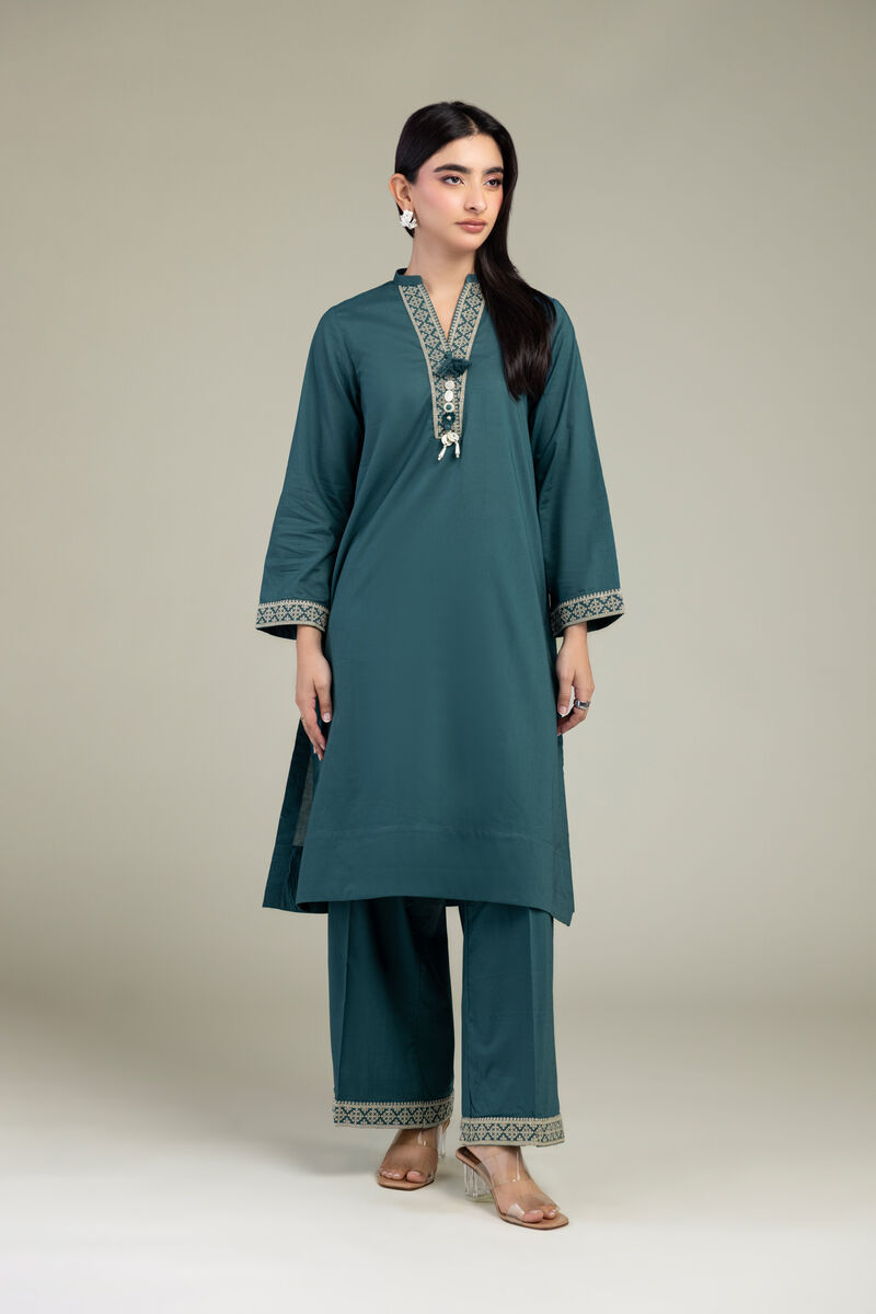 Embroidered | Cambric | Teal Cambric Pants | USD 30.00