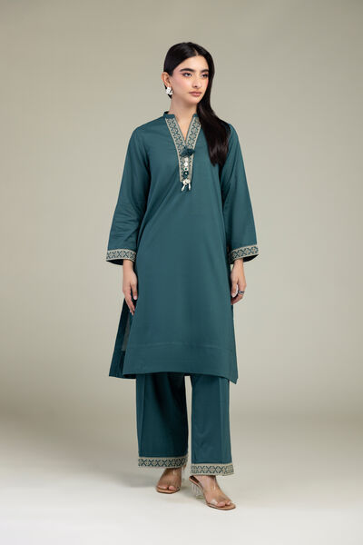 Embroidered | Cambric | Teal Cambric Pants | USD 30.00