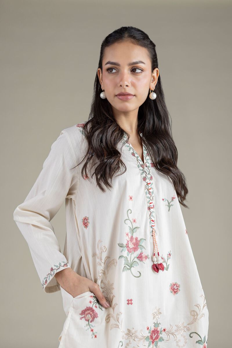 Embroidered | Textured Cambric | Floral V-Neck Kurta | USD 40.00