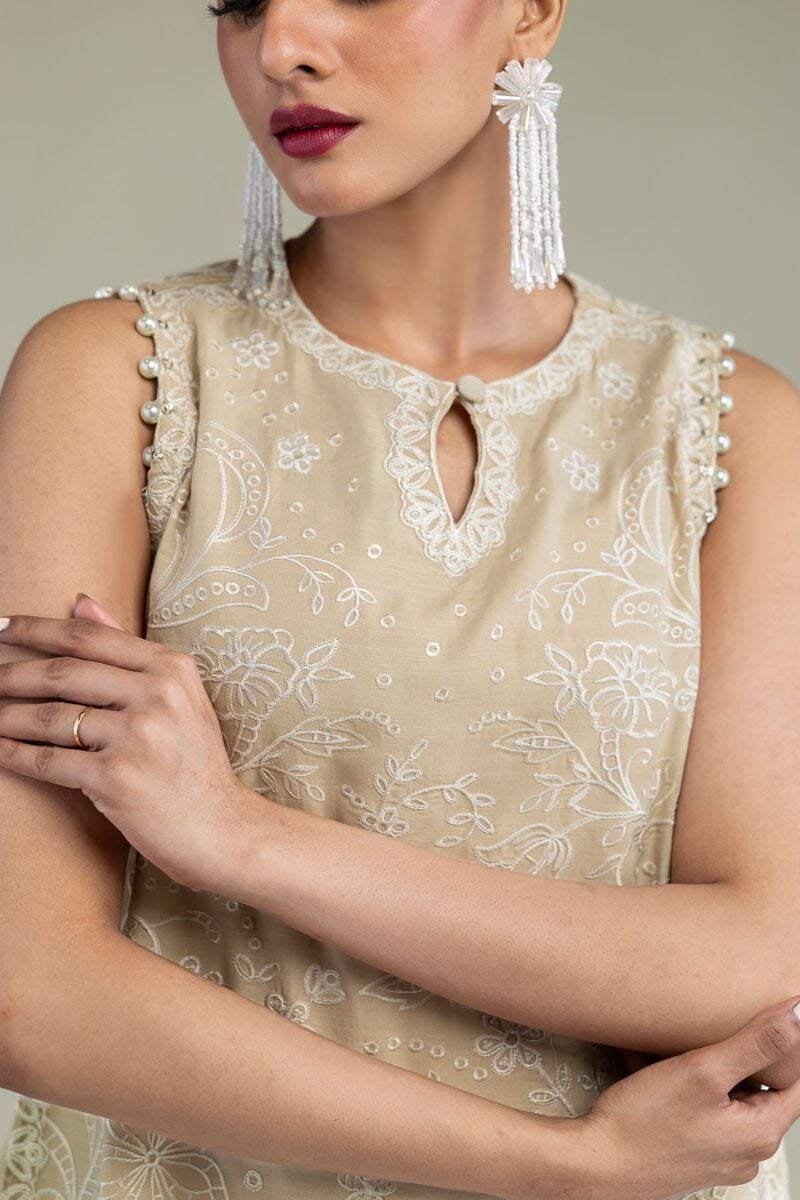 Embroidered | Raw Silk | Beige Sleeveless Kurta | USD 75.00