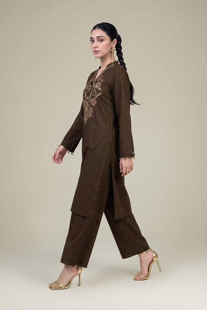 Embroidered | Raw Silk | Long V-neck Kurta | USD 60.00