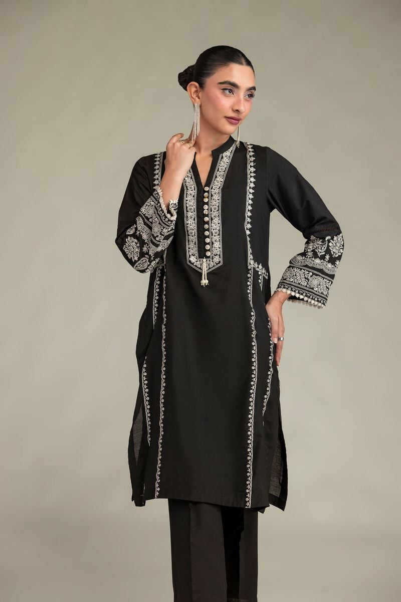 Printed | Raw Silk | Long Black Kurta | USD 55.00