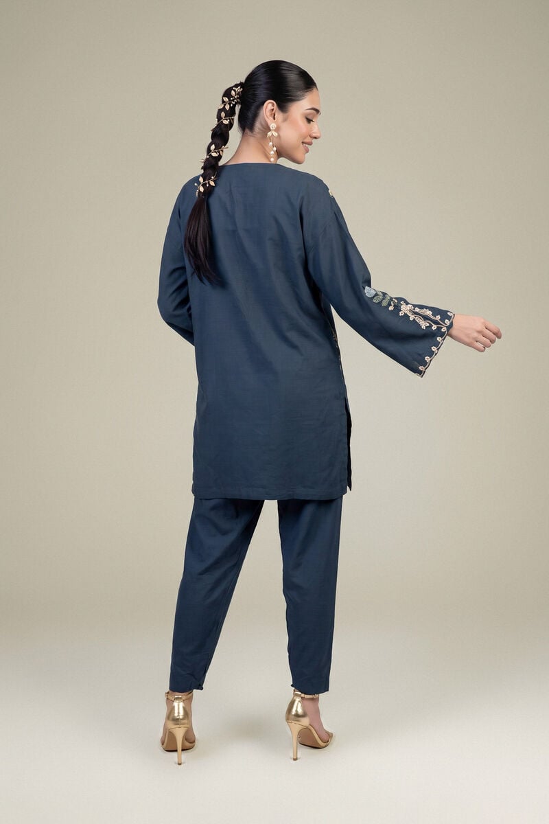 Embroidered | Raw Silk | Floral Navy Kurta | USD 45.00