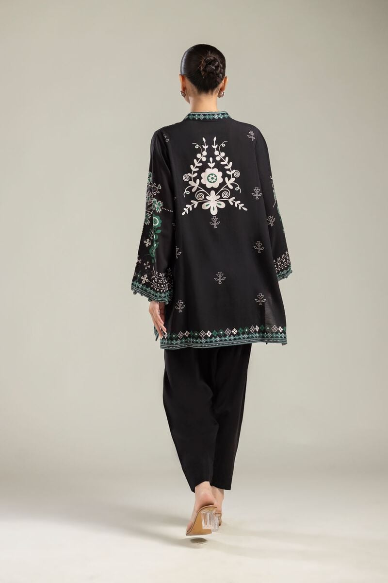 Embroidered | Raw Silk | Black V-Neck Kurta | USD 45.00