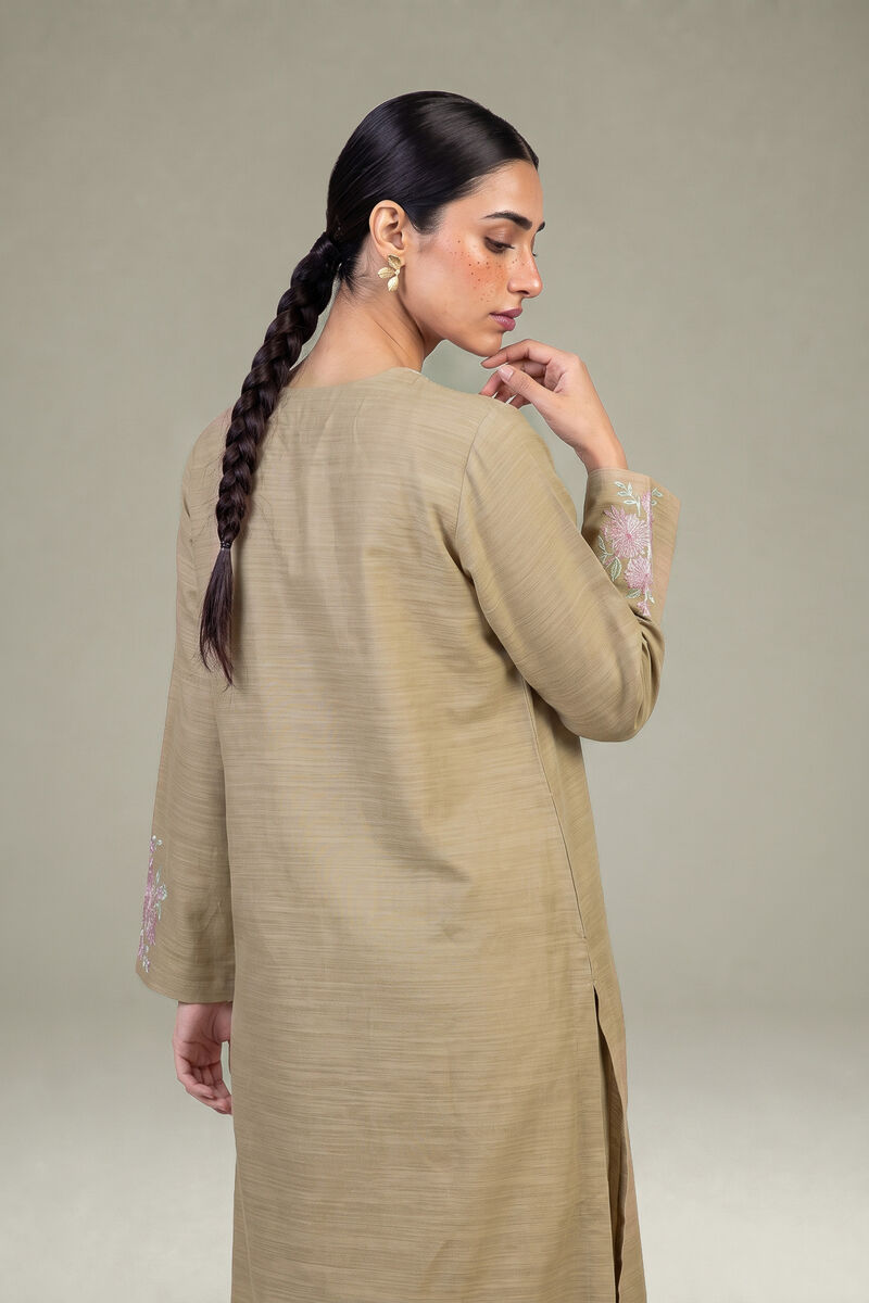 Embroidered | Light Khaddar | Longline Beige Kurta | USD 35.00