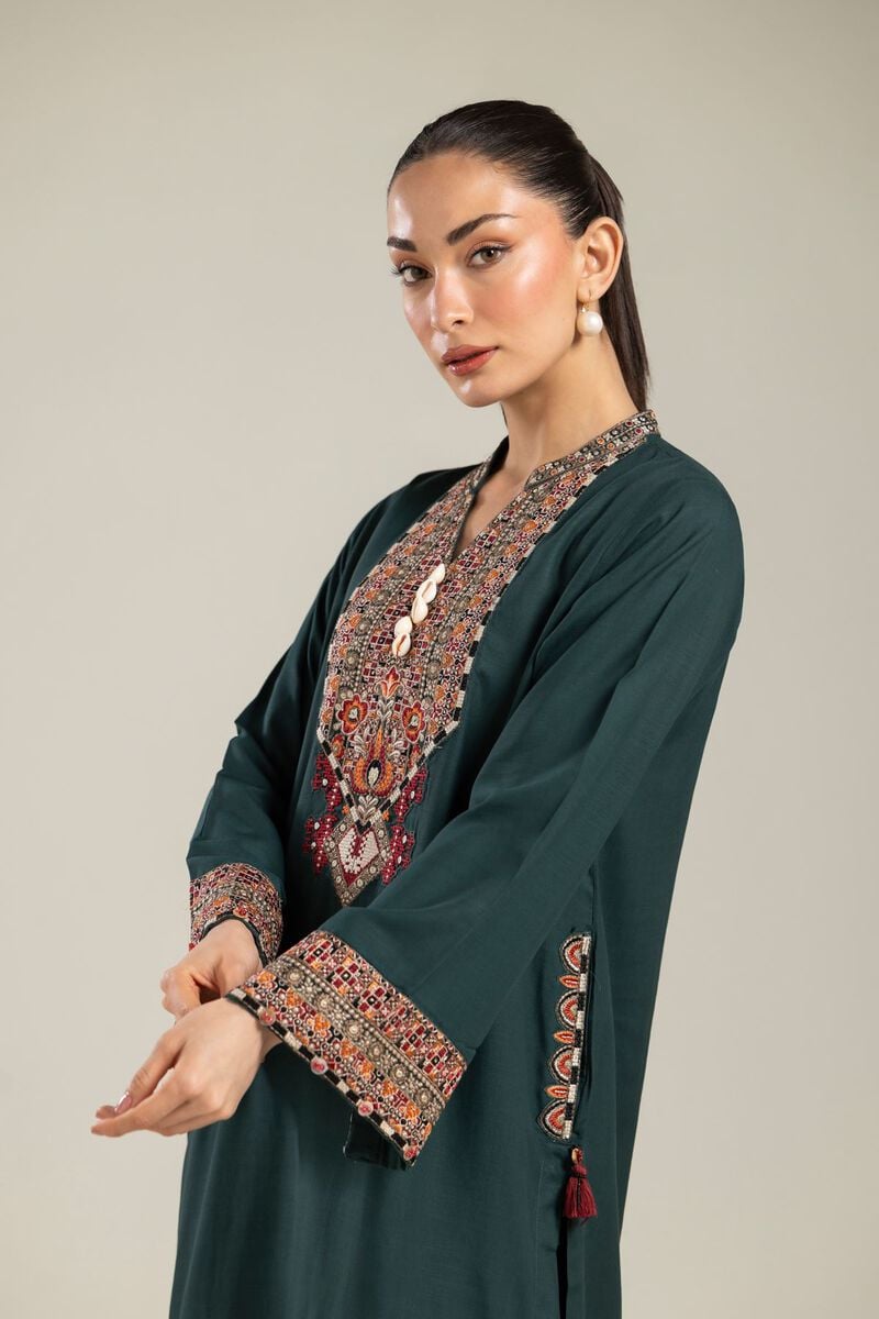 Embroidered | Raw Silk | Green Longline Kurta | USD 55.00