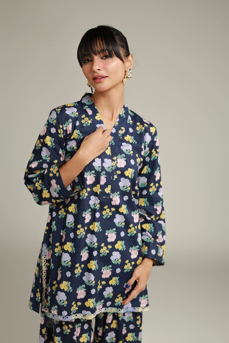Embroidered | Cotton Dobby | Floral Navy Kurta | USD 30.00