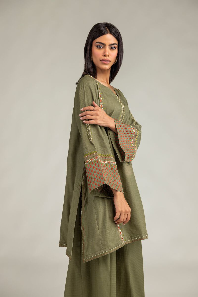 Embroidered | Cotton Dobby | Olive V-Neck Kurta | USD 40.00