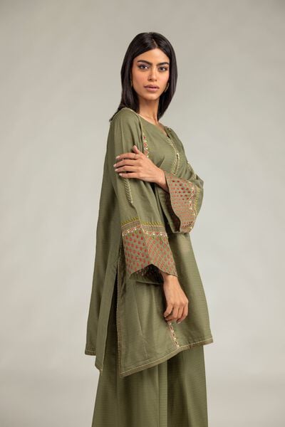 Embroidered | Cotton Dobby | Olive V-Neck Kurta | USD 40.00
