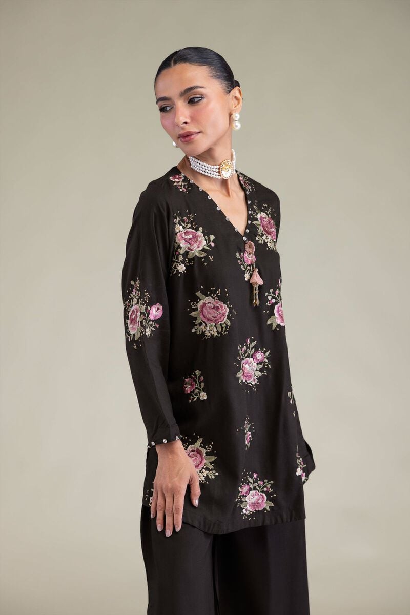 Embroidered | Raw Silk | Black Floral Kurta | USD 55.00