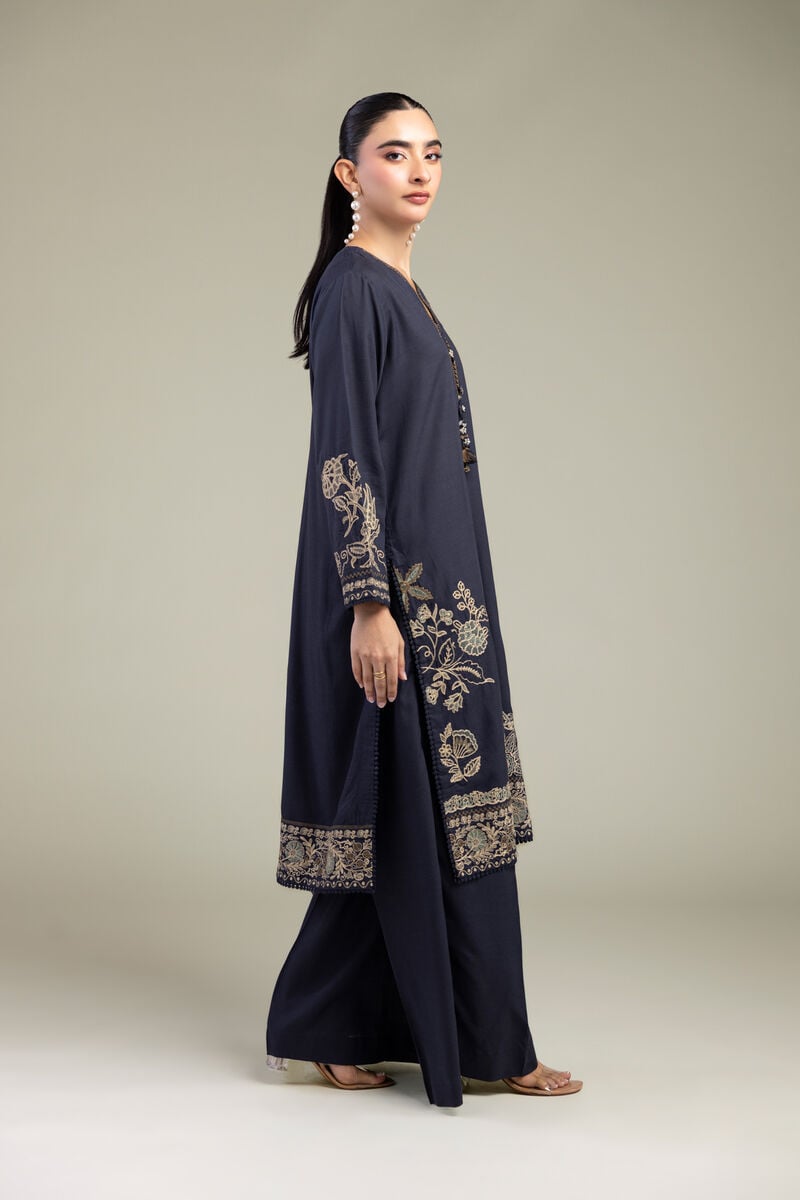 Embroidered | Raw Silk | Floral Navy Kurta | USD 65.00