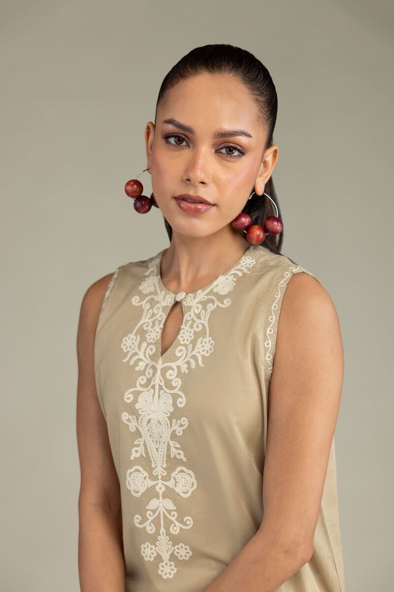 Embroidered | Cambric | Beige Sleeveless Kurta | USD 45.00