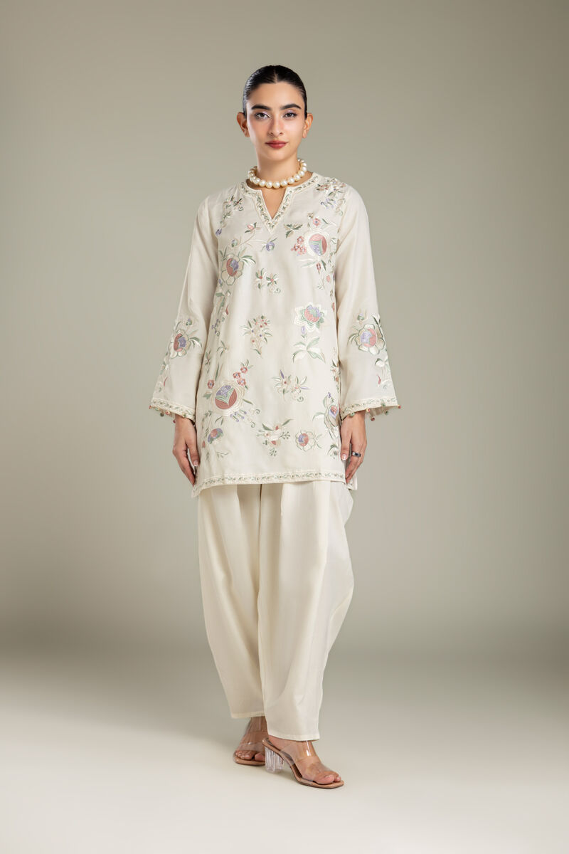 Embroidered | Raw Silk | Off-White Silk Pants | USD 40.00