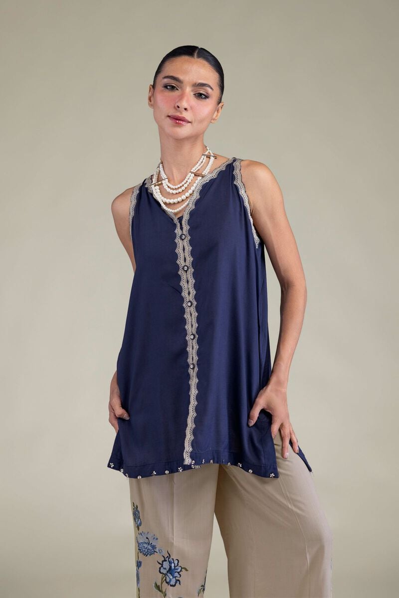 Embroidered | Raw Silk | Sleeveless V-Neck Kurta | USD 40.00