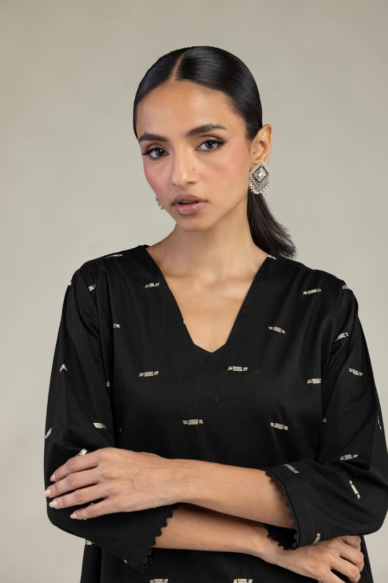 Textured Cotton | Embroidered | Black V-Neck Kurta | USD 40.00