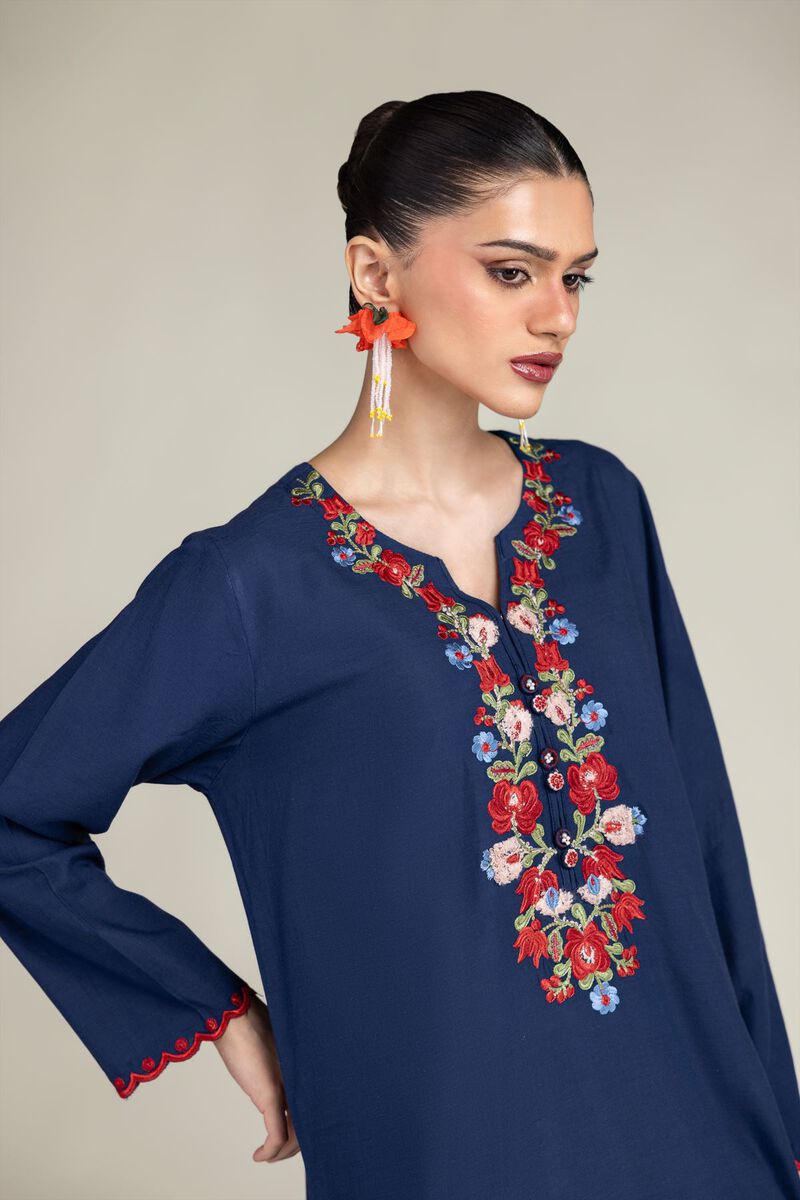 Embroidered | Raw Silk | Navy V-Neck Kurta | USD 40.00