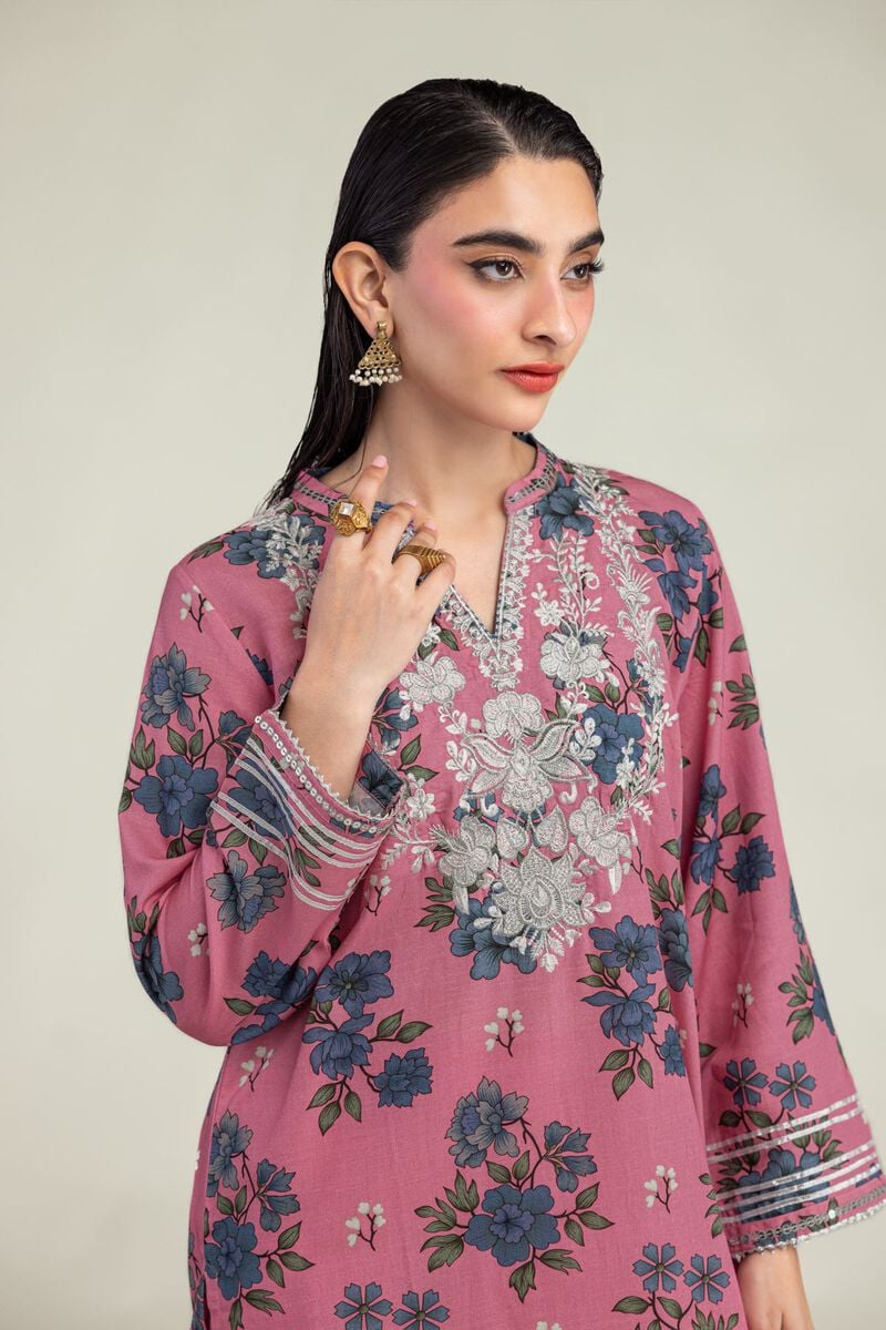 Embroidered | Raw Silk | Floral V-Neck Kurta | USD 40.00