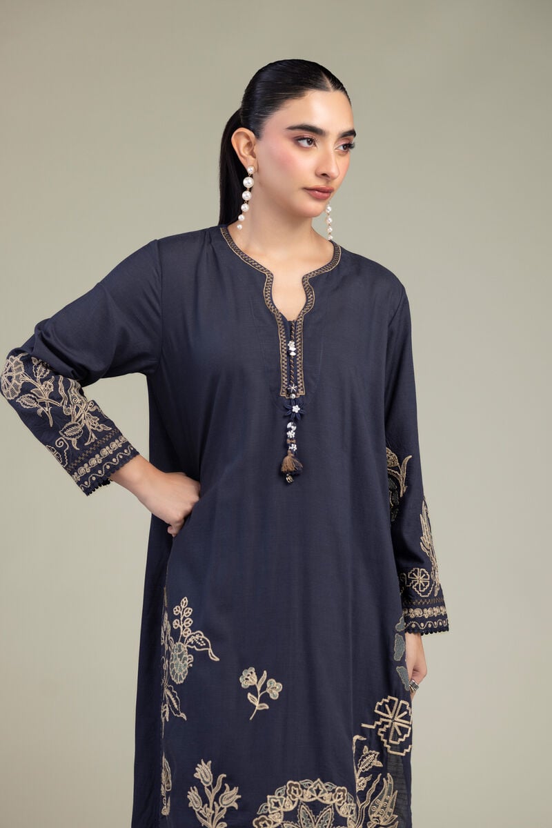 Embroidered | Raw Silk | Floral Navy Kurta | USD 65.00