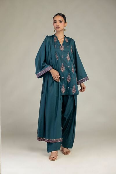 Embroidered | Cambric | Short Teal Kurta | USD 35.00