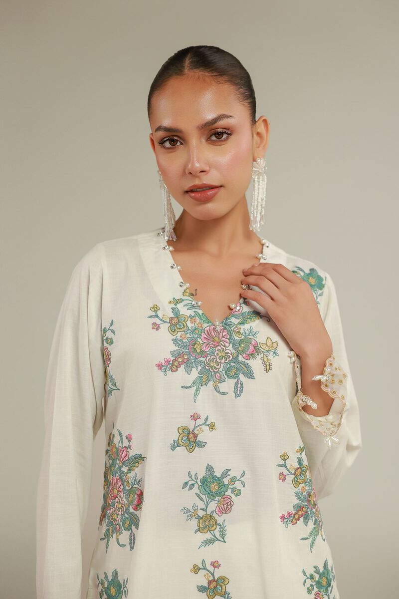 Embroidered | Raw Silk | Floral V-Neck Kurta | USD 70.00