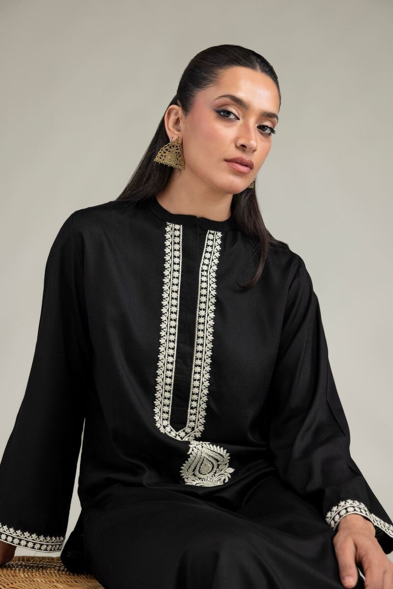 Dyed | Raw Silk | Black Longline Kurta | USD 35.00