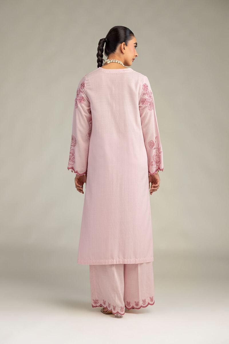 Embroidered | Raw Silk | Pink Longline Kurta | USD 65.00