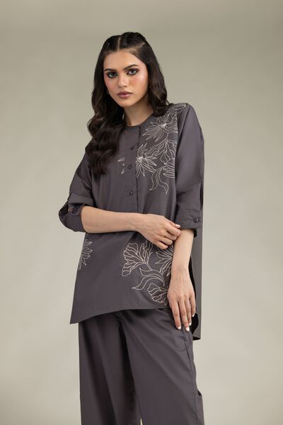 Embroidered | Poplin | Gray Poplin Shirt | USD 35.00