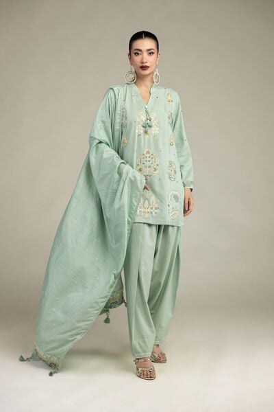 Embroidered | Raw Silk | Floral Mint Shalwar | USD 30.00