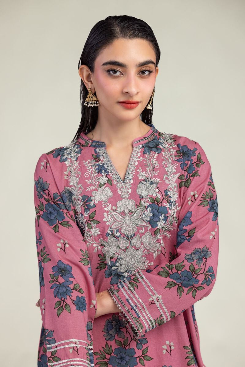 Embroidered | Raw Silk | Floral V-Neck Kurta | USD 40.00