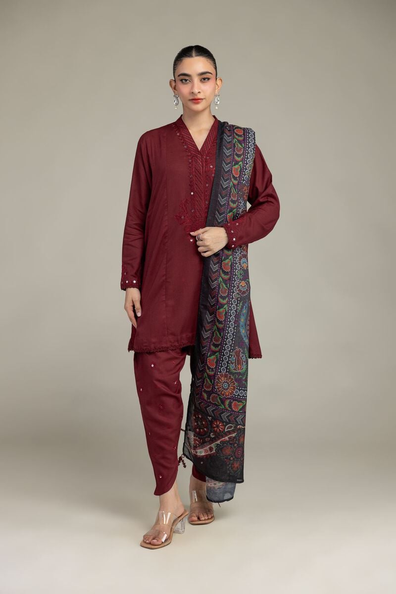 Embroidered | Raw Silk | Maroon V-Neck Kurta | USD 45.00