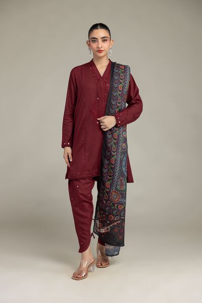 Embroidered | Raw Silk | Maroon V-Neck Kurta | USD 45.00