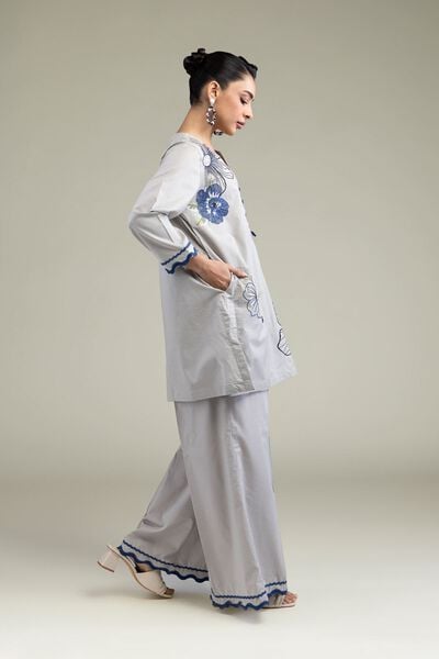 Embroidered | Cotton Dobby | Gray Solid Pants | USD 25.00