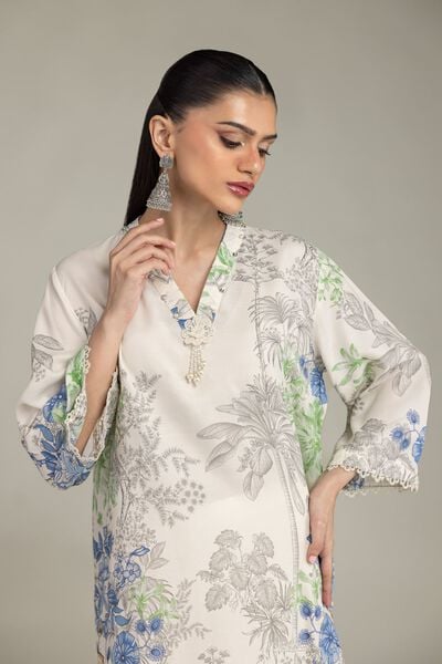 Embroidered | Raw Silk | Floral V-Neck Kurta | USD 45.00