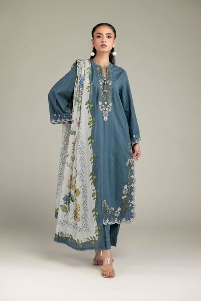 Embroidered | Textured Cotton | Blue Cotton Pants | USD 30.00