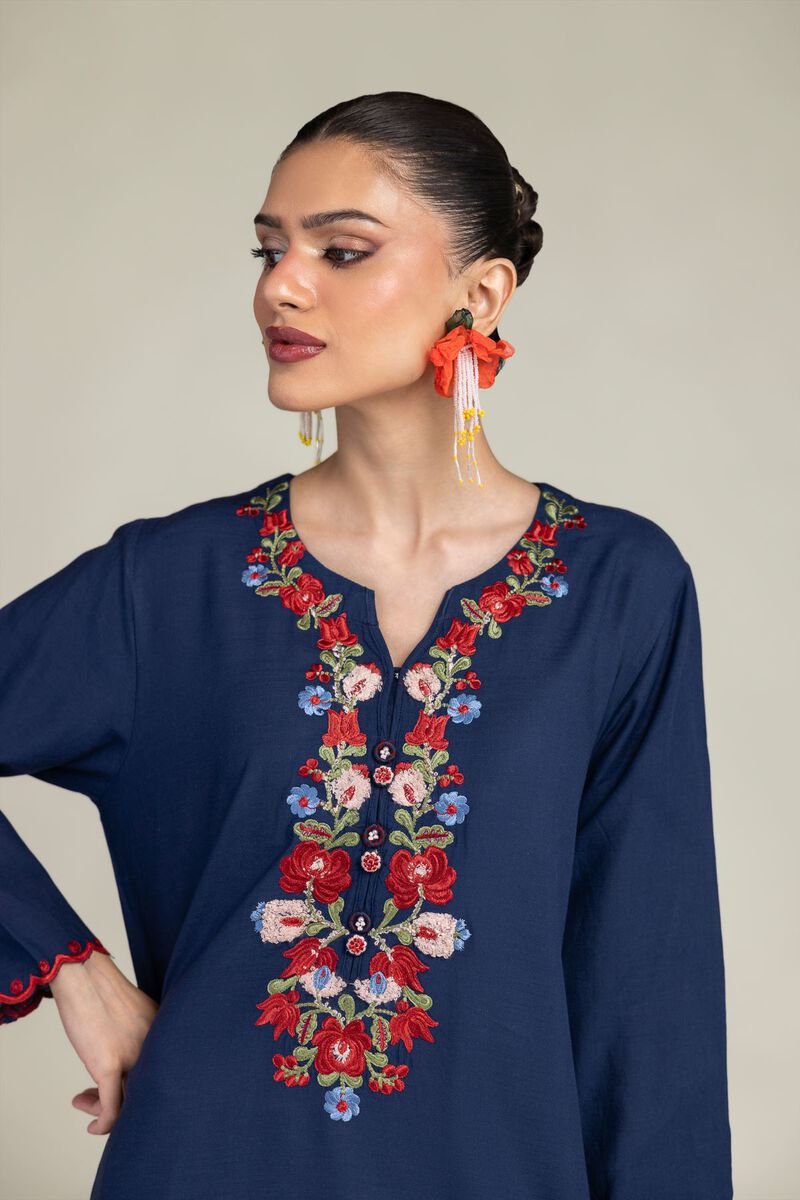 Embroidered | Raw Silk | Navy V-Neck Kurta | USD 40.00