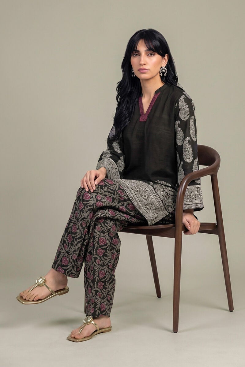 Printed | Light Khaddar | Black V-Neck Kurta | USD 45.00