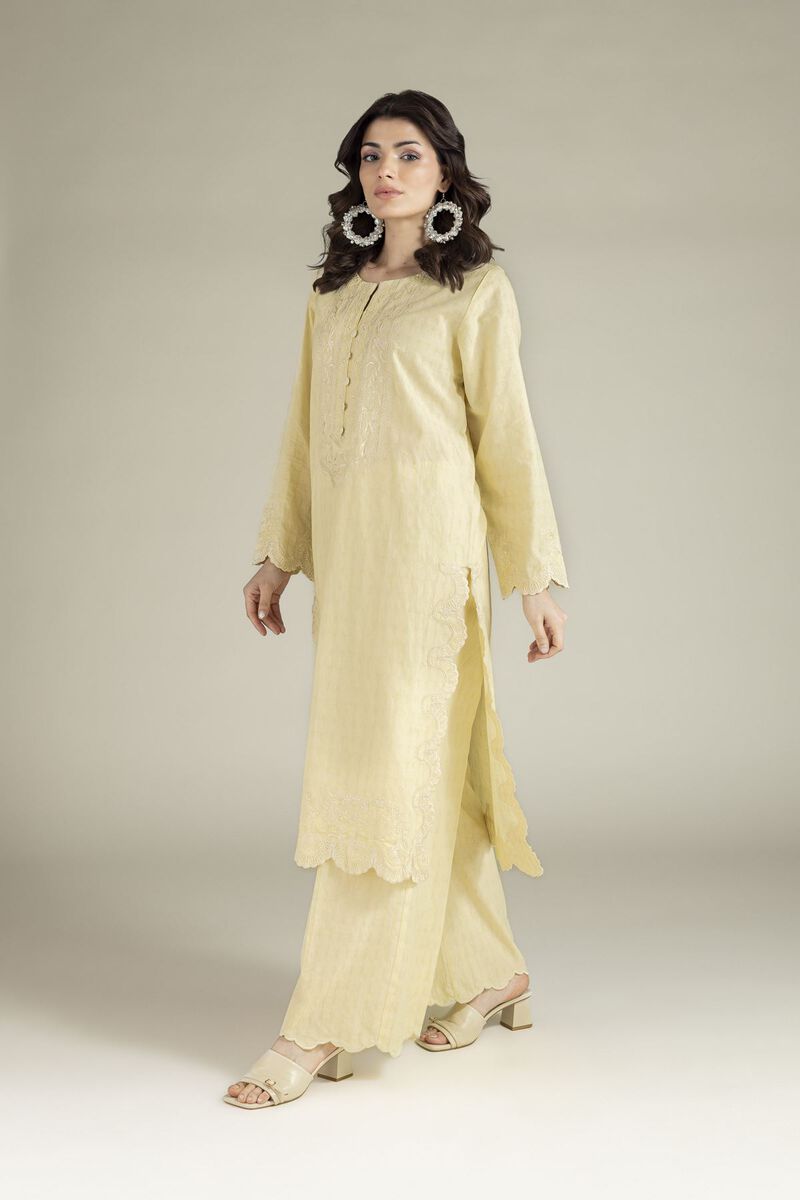 Embroidered | Cotton Dobby | Yellow Tailored 2-Piece | USD 65.00