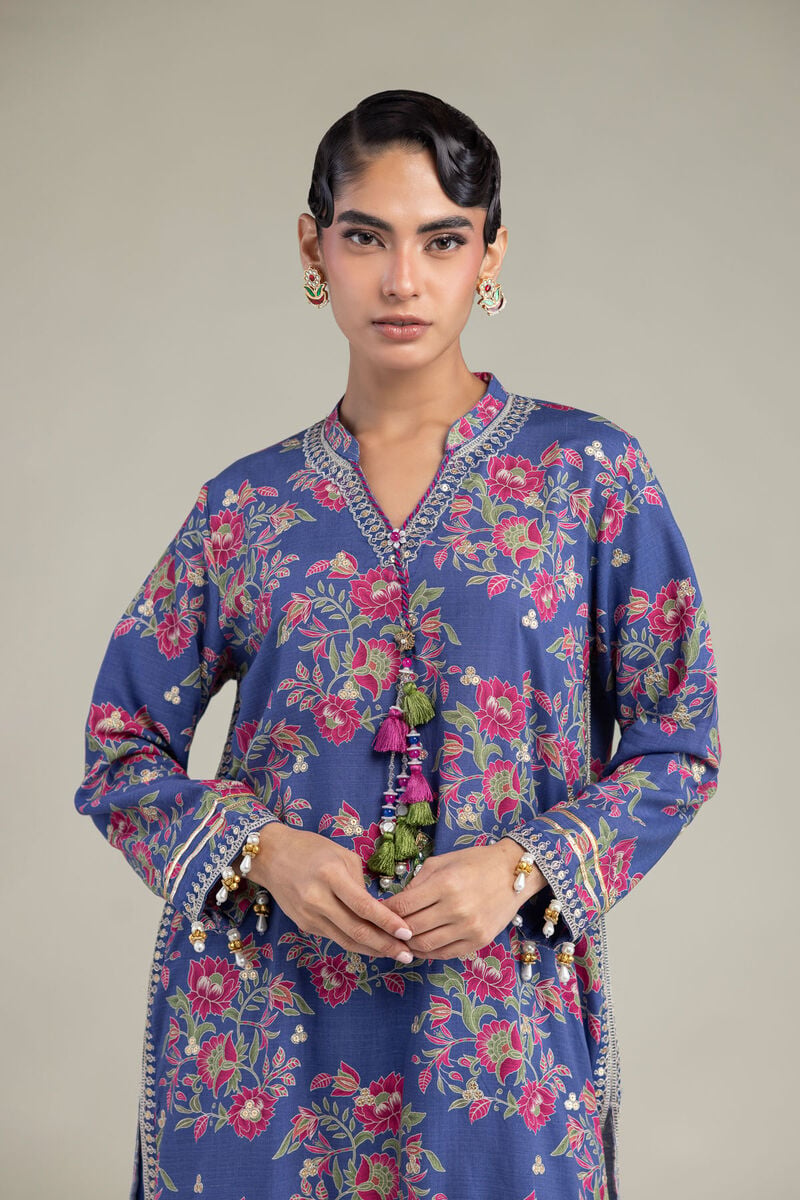 Embroidered | Raw Silk | Blue V-Neck Kurta | USD 65.00