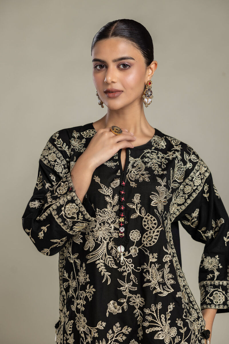 Embroidered | Raw Silk | Black Floral Kurta | USD 80.00