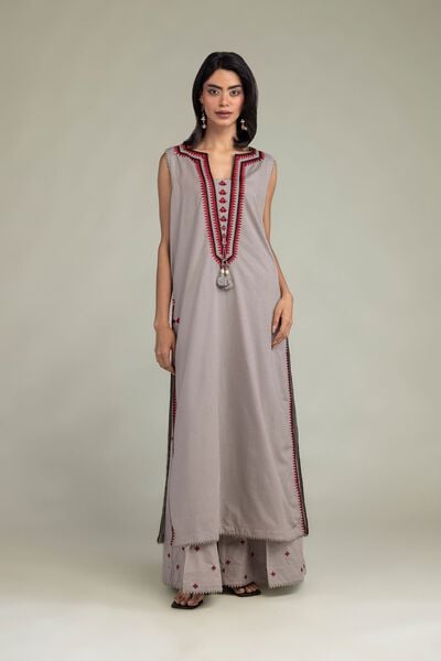 Embroidered | Cotton Dobby | Gray Cotton Pants | USD 40.00