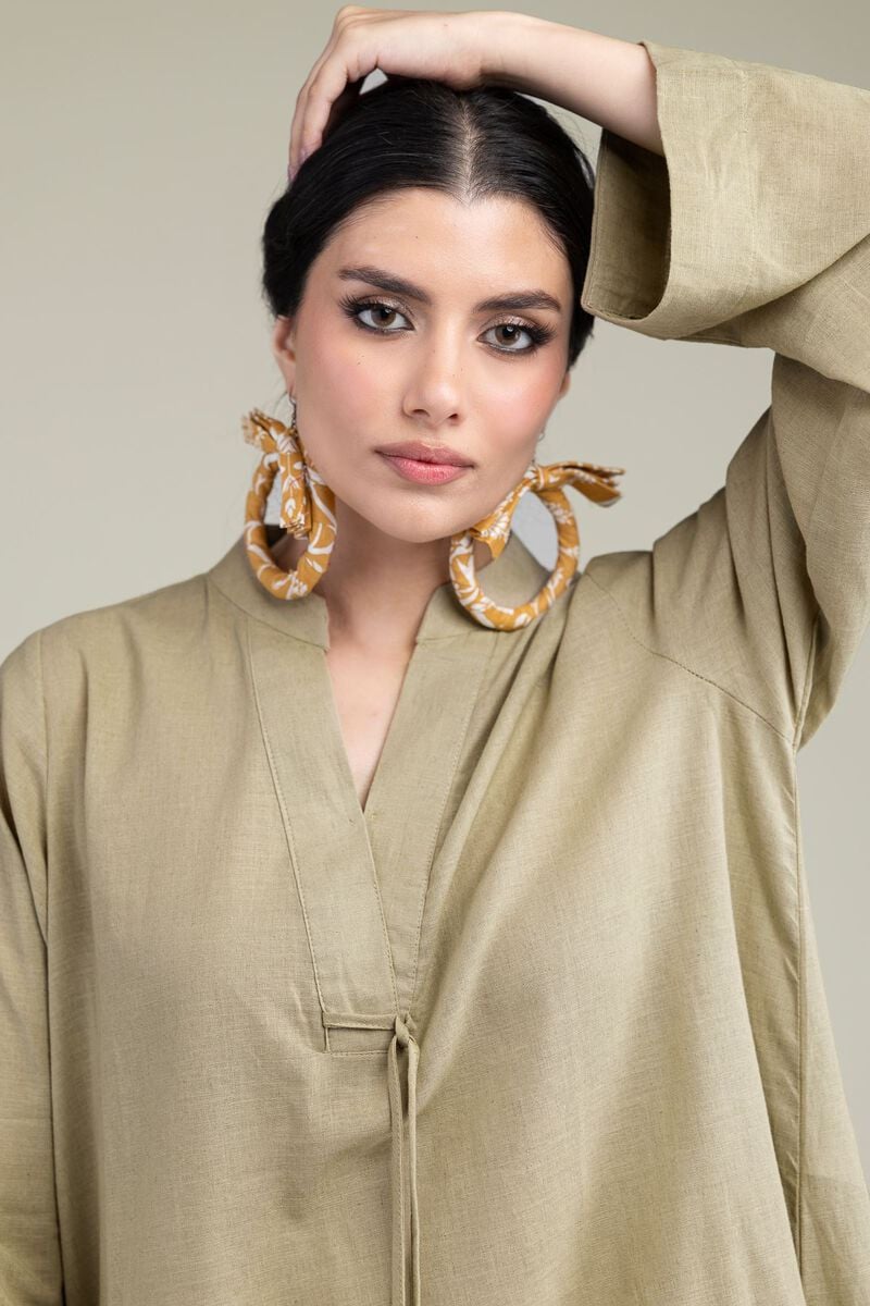 Dyed | Blended Linen | V-Neck Band-Collar Kurta | USD 35.00