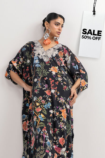 Embroidered | Raw Silk | Black V-Neck Kurta | USD 22.50