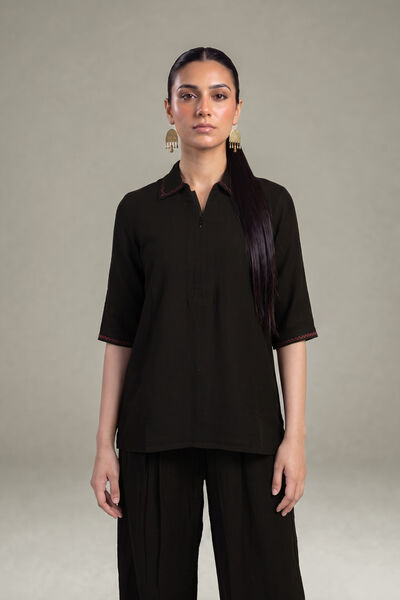 Dyed | Crepe | V-Neck Black Tunic | USD 40.00