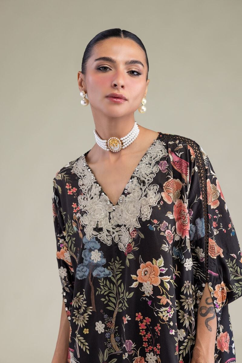 Embroidered | Raw Silk | Black V-Neck Kurta | USD 45.00